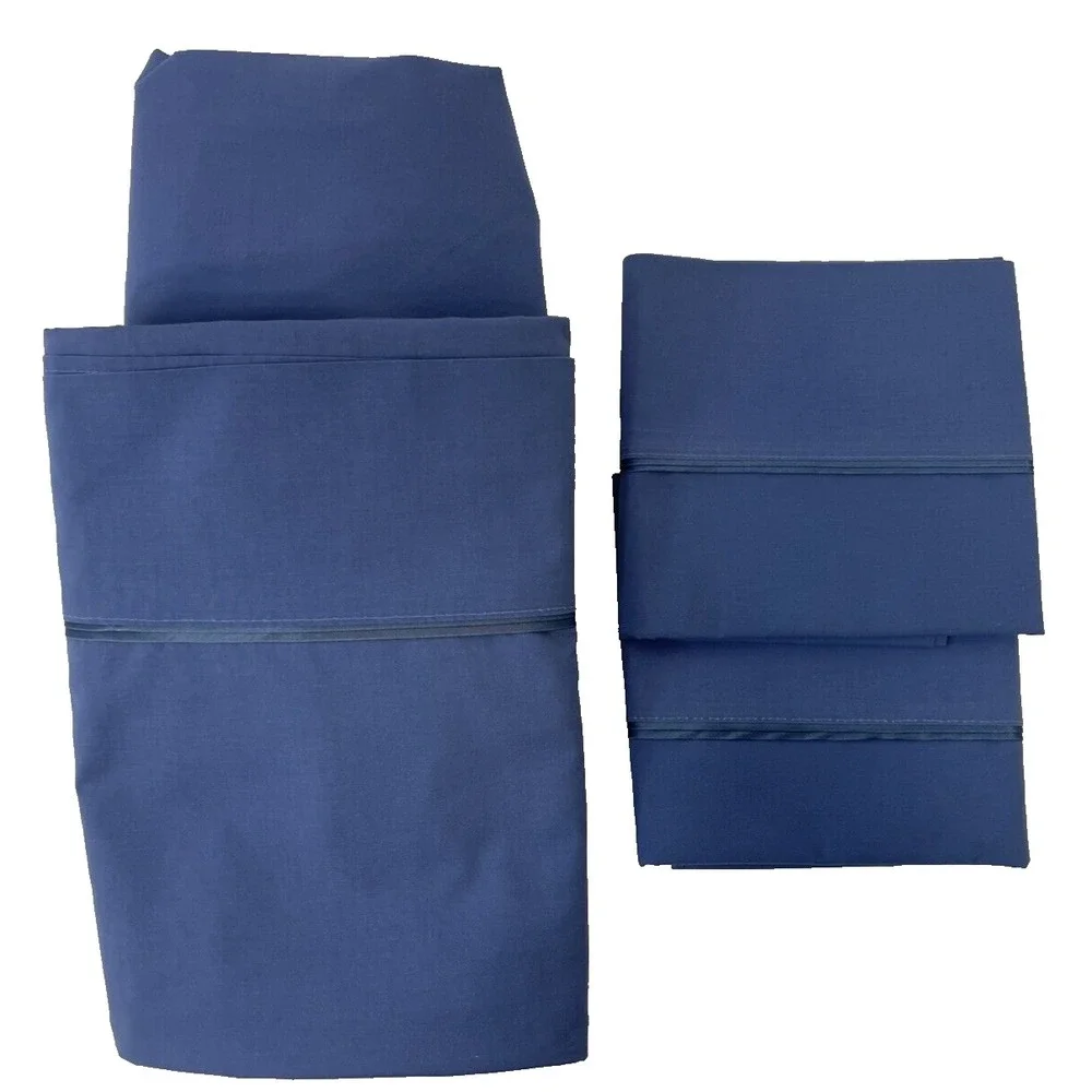 Vintage Solid Blue Twin Sheet‎ Set Satin Trim Fitted, Flat, 2 Pillowcases